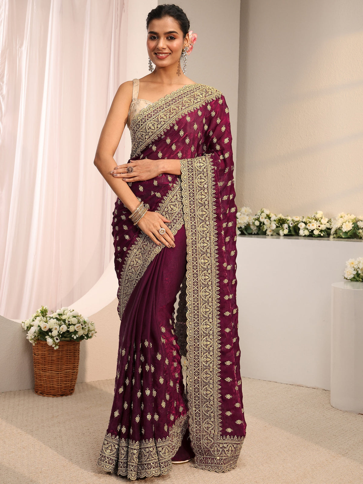 Anouk Art Maroon Embellished Tissue Saree With Unstitched Blouse Piece