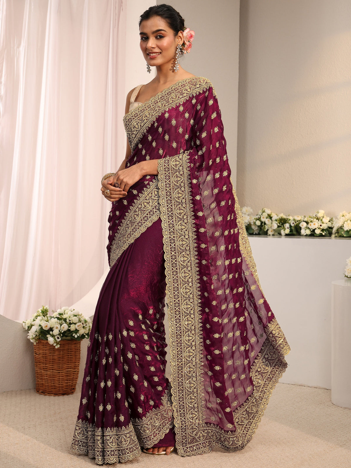 Anouk Art Maroon Embellished Tissue Saree With Unstitched Blouse Piece