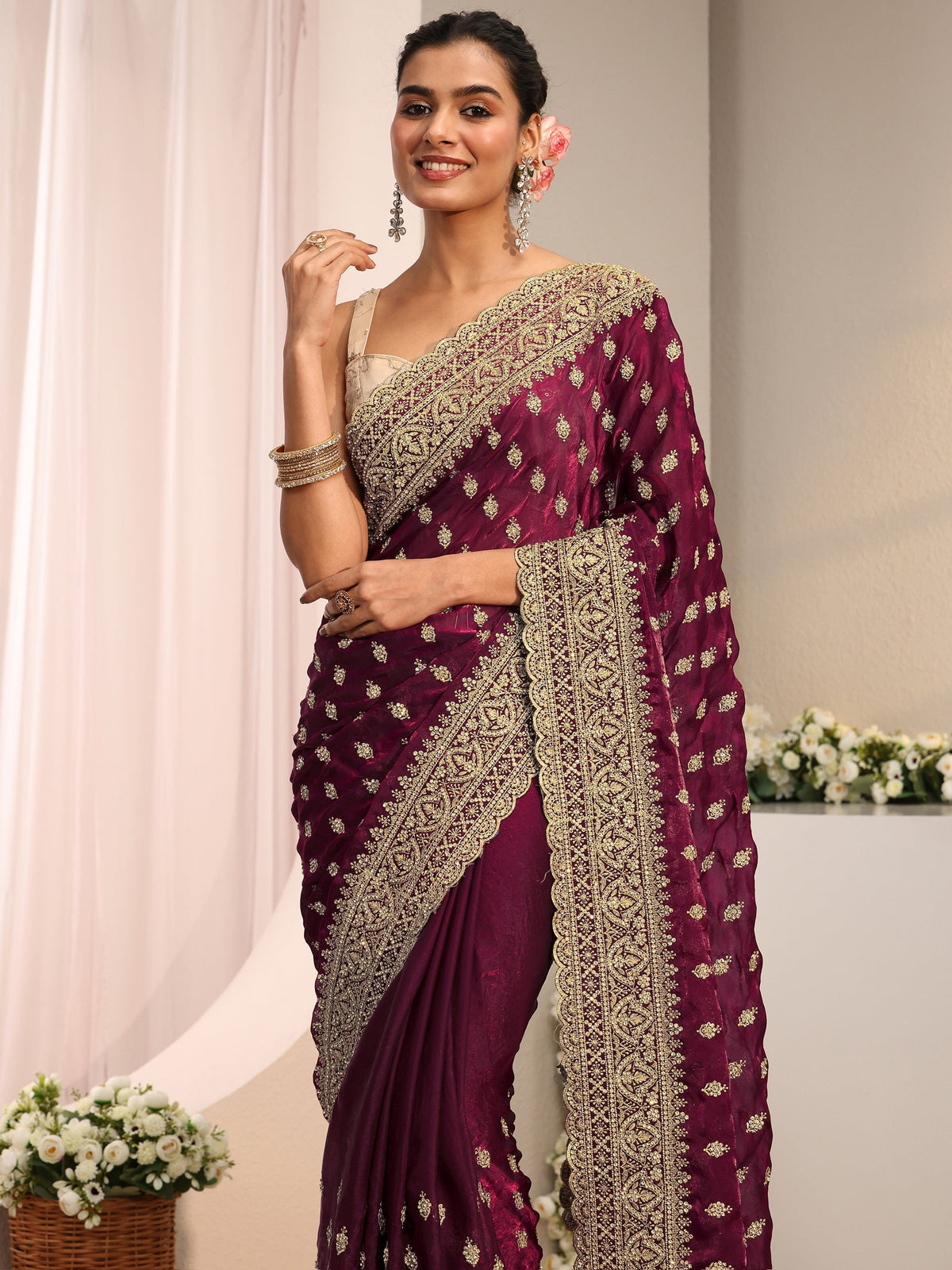 Anouk Art Maroon Embellished Tissue Saree With Unstitched Blouse Piece