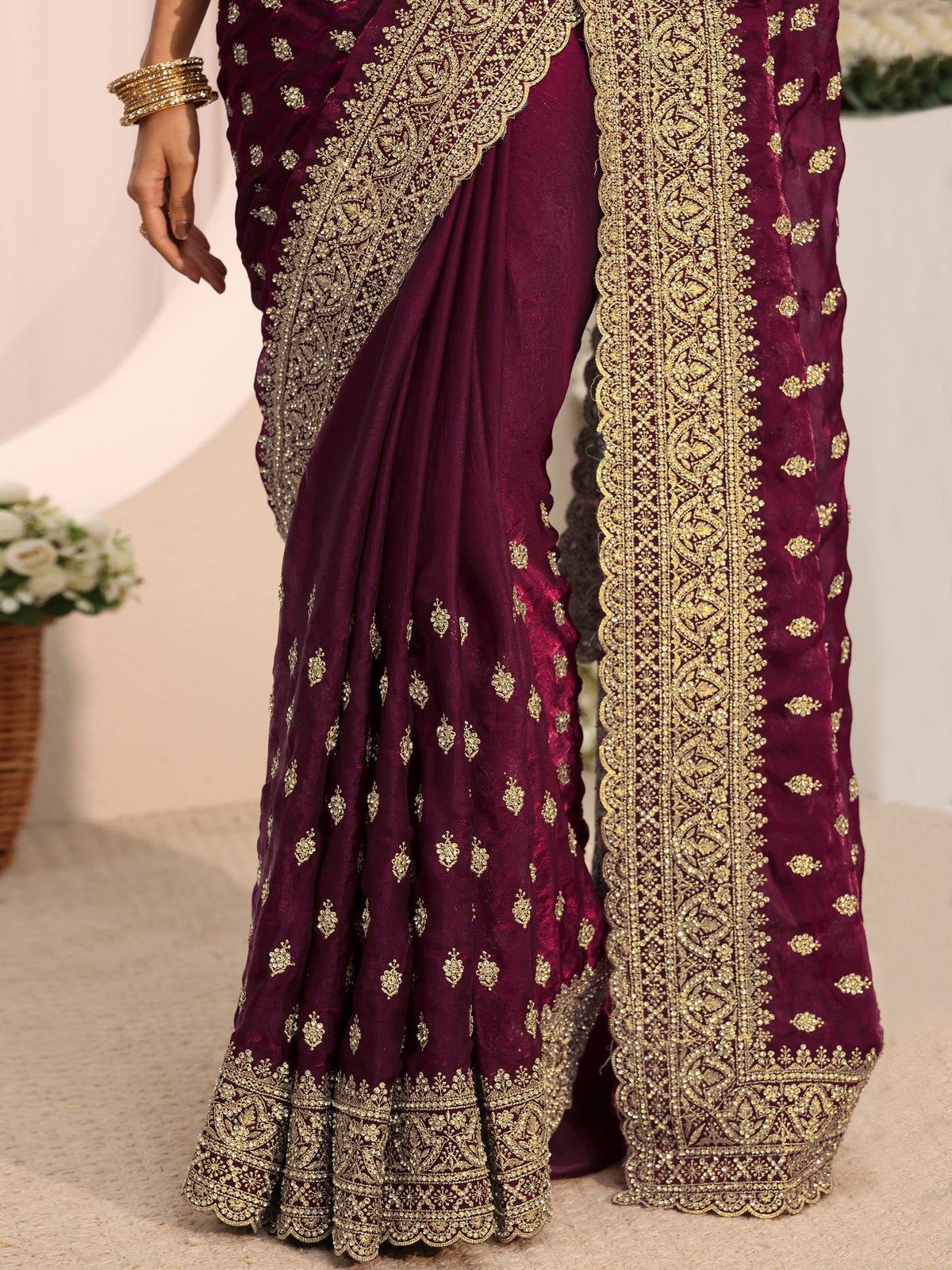 Anouk Art Maroon Embellished Tissue Saree With Unstitched Blouse Piece