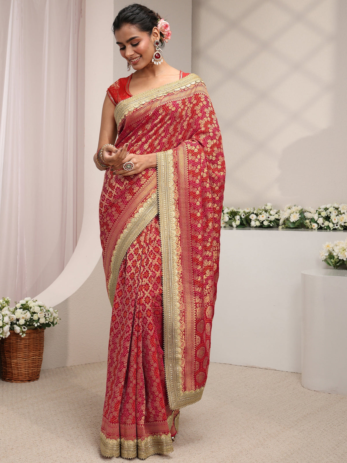 Anouk Art Red Woven Design Satin Saree With Unstitched Blouse Piece
