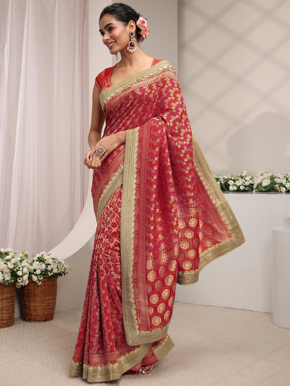 Anouk Art Red Woven Design Satin Saree With Unstitched Blouse Piece