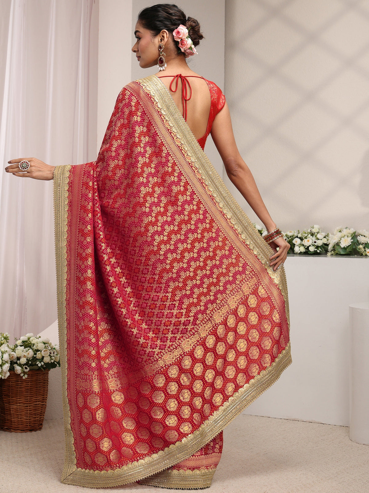 Anouk Art Red Woven Design Satin Saree With Unstitched Blouse Piece