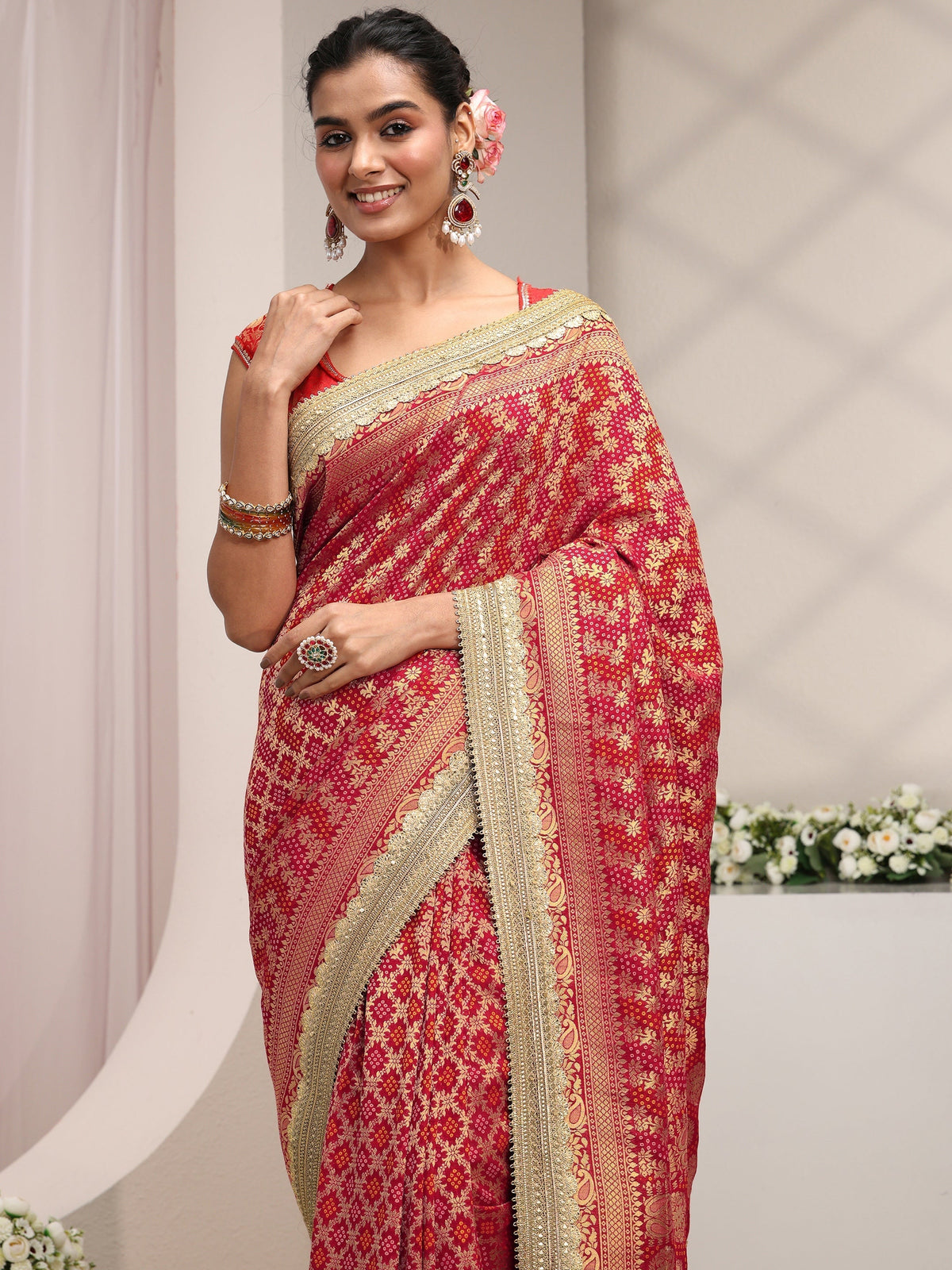 Anouk Art Red Woven Design Satin Saree With Unstitched Blouse Piece