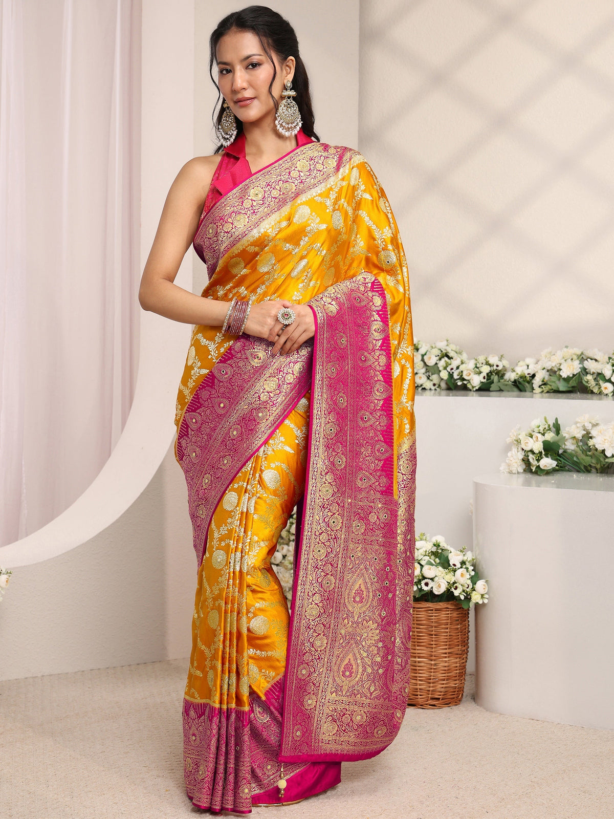Anouk Art Mustard Floral Woven Design Satin Saree With Unstitched Blouse Piece