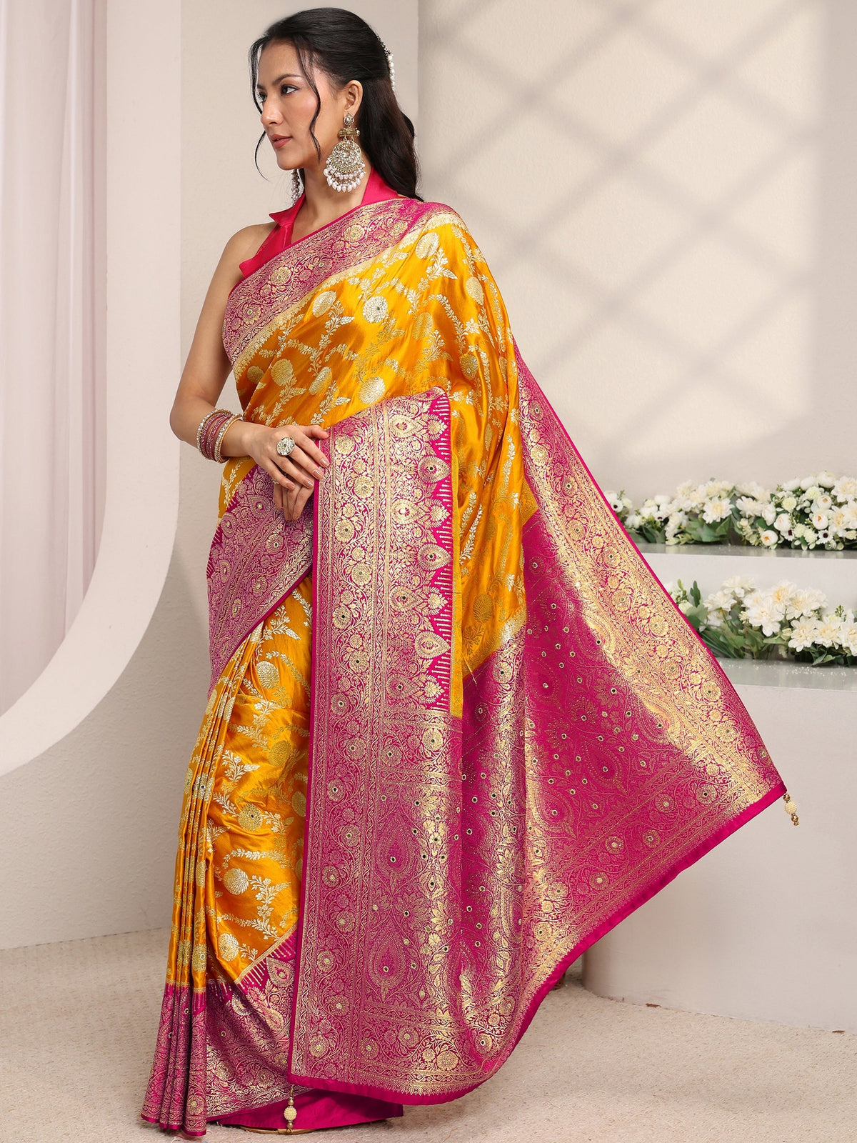 Anouk Art Mustard Floral Woven Design Satin Saree With Unstitched Blouse Piece