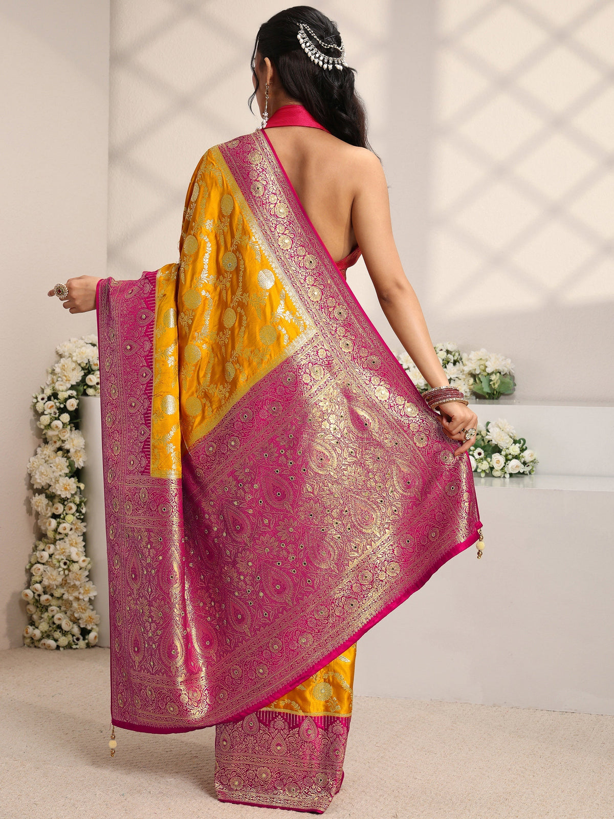 Anouk Art Mustard Floral Woven Design Satin Saree With Unstitched Blouse Piece