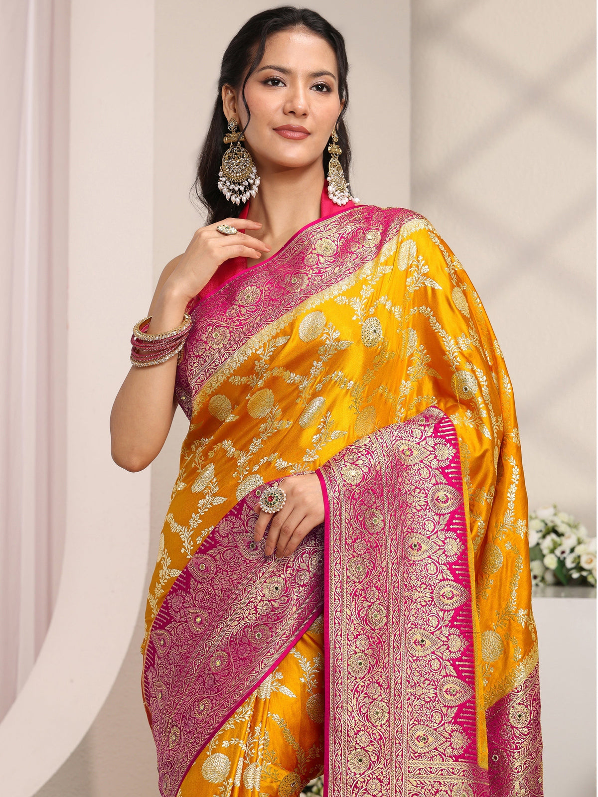 Anouk Art Mustard Floral Woven Design Satin Saree With Unstitched Blouse Piece