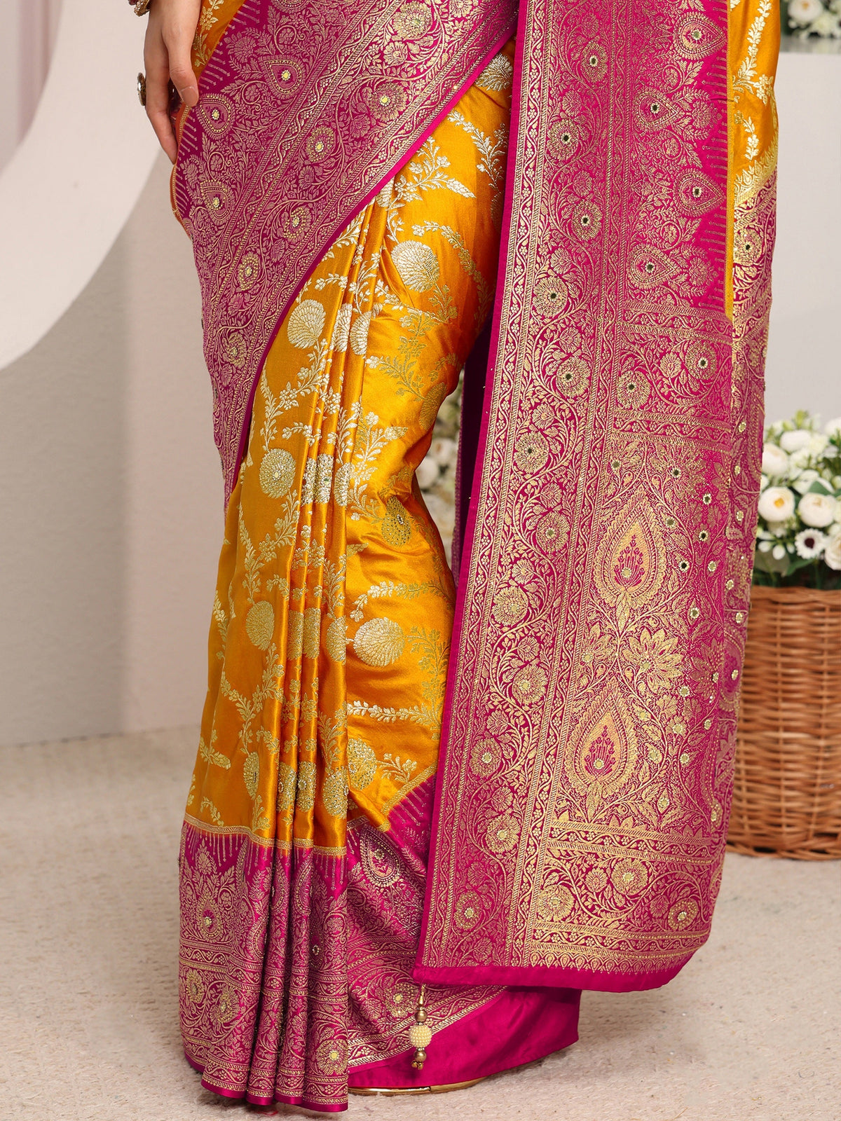 Anouk Art Mustard Floral Woven Design Satin Saree With Unstitched Blouse Piece