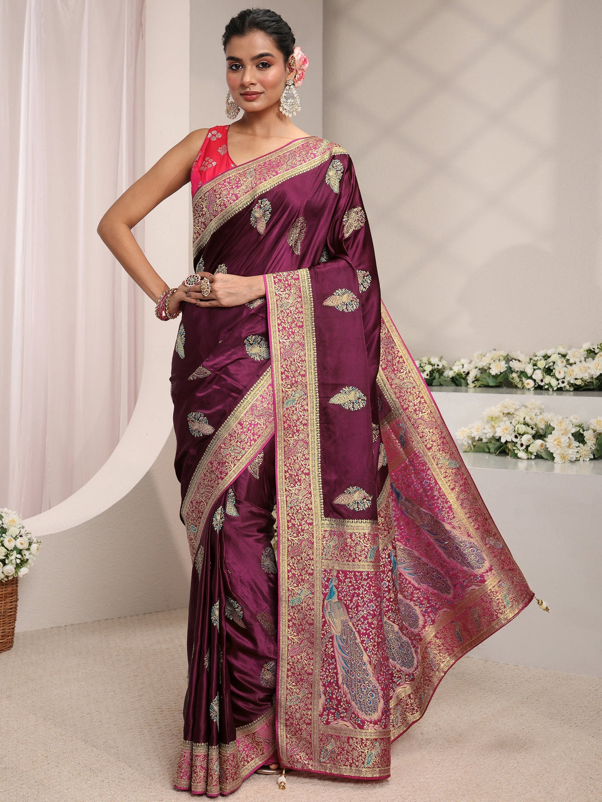Anouk Art Burgundy Ethnic Woven Design Satin Saree With Unstitched Blouse Piece