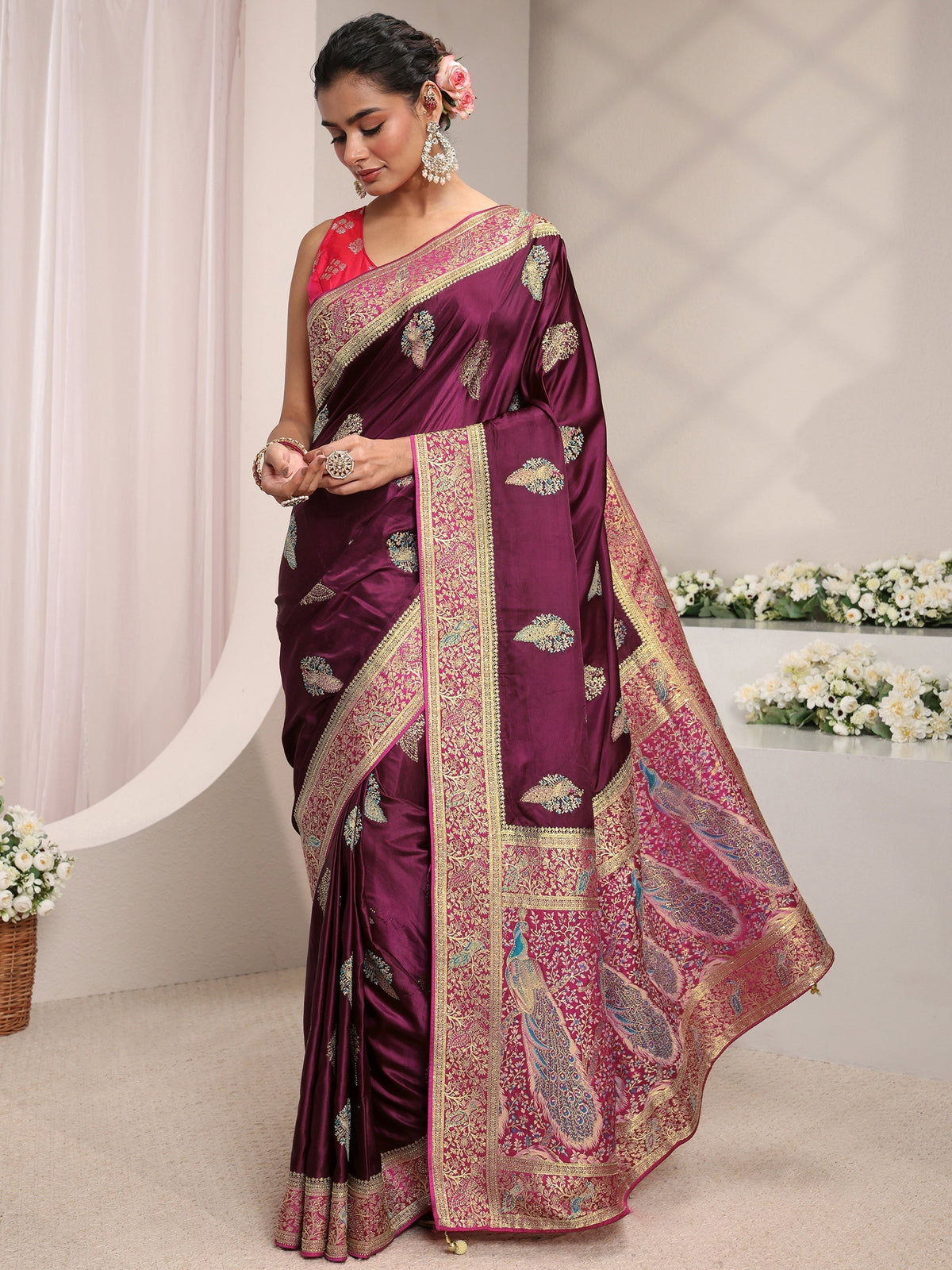Anouk Art Burgundy Ethnic Woven Design Satin Saree With Unstitched Blouse Piece
