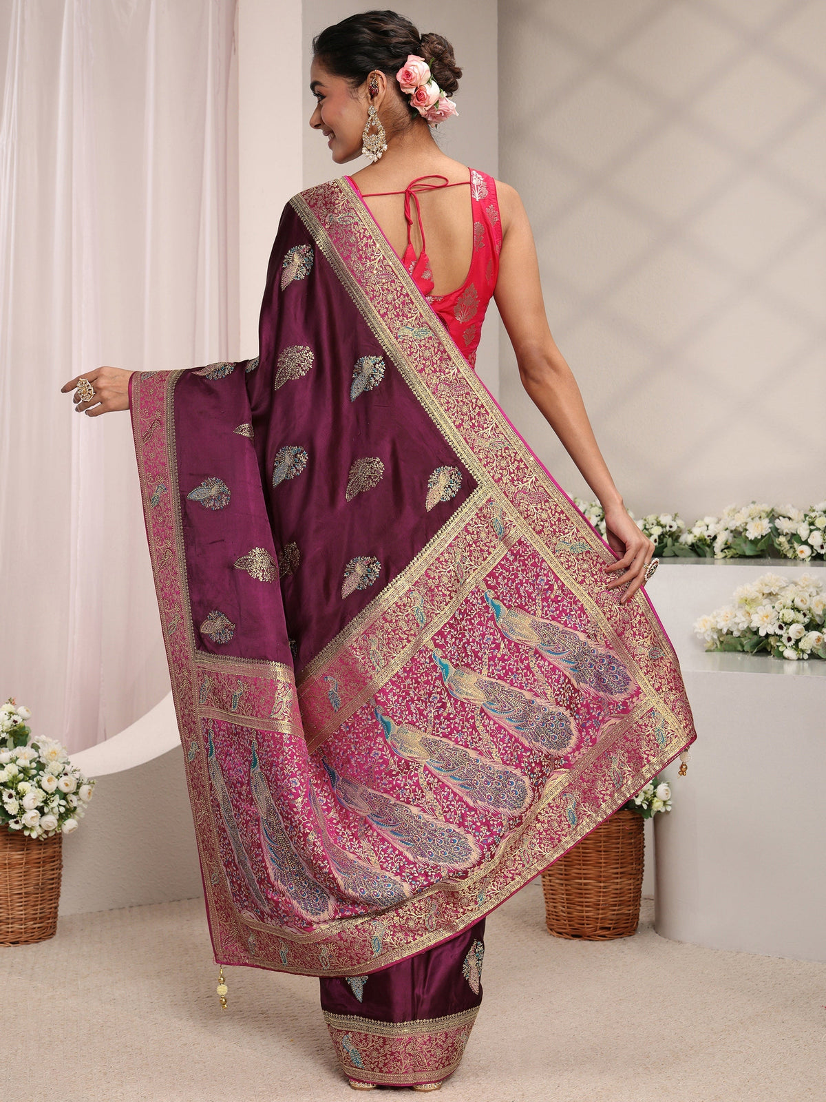 Anouk Art Burgundy Ethnic Woven Design Satin Saree With Unstitched Blouse Piece
