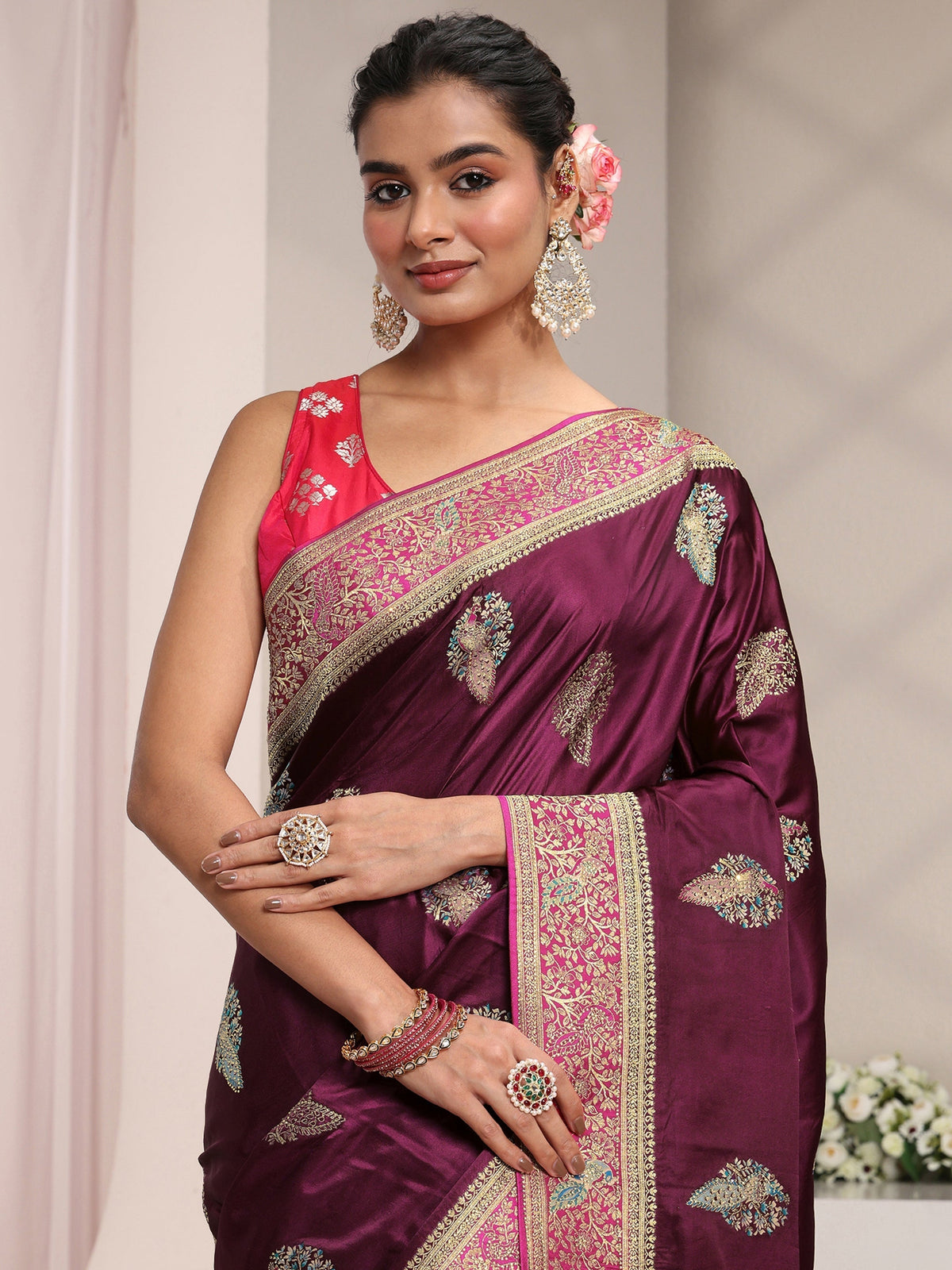 Anouk Art Burgundy Ethnic Woven Design Satin Saree With Unstitched Blouse Piece