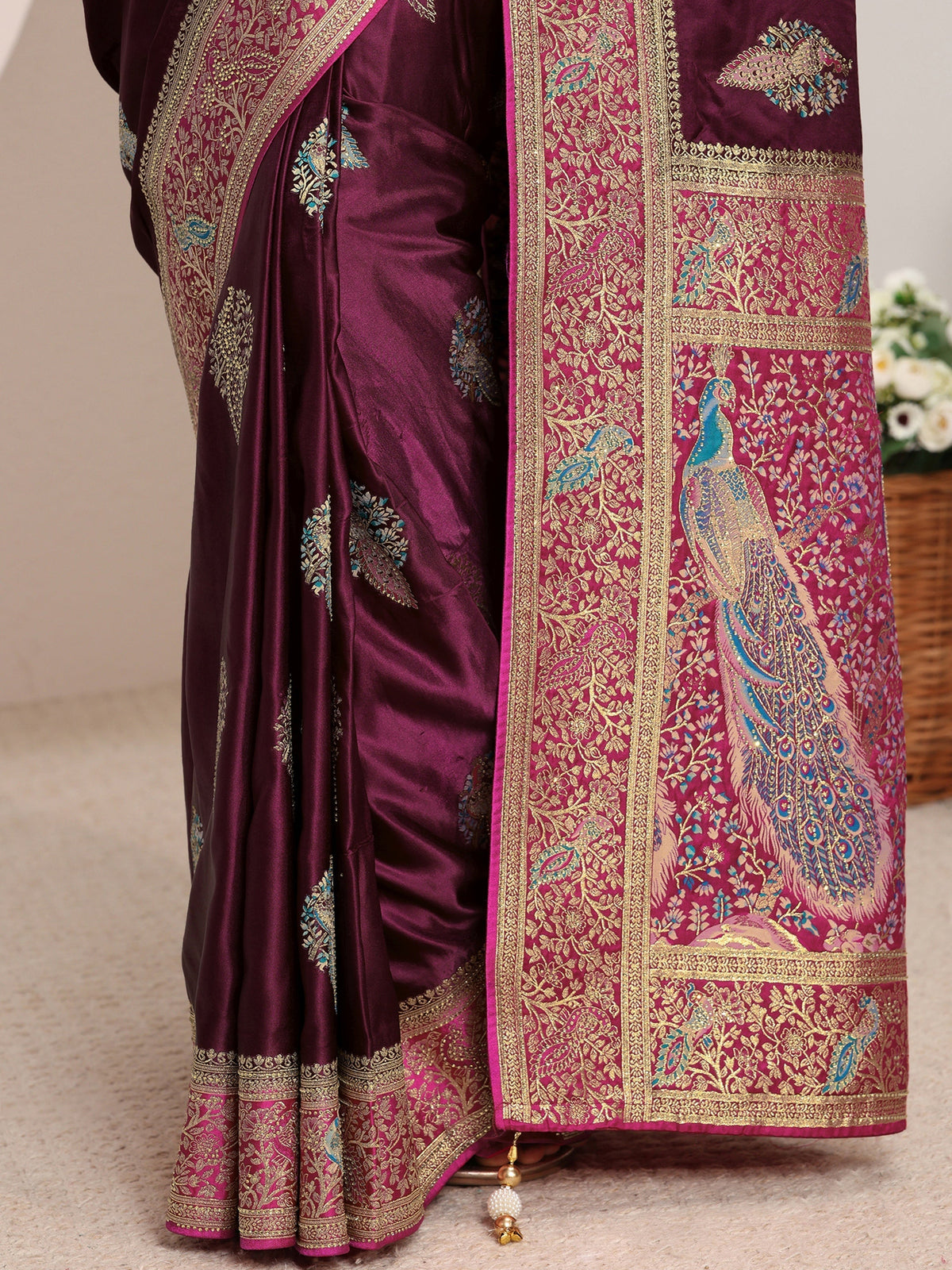 Anouk Art Burgundy Ethnic Woven Design Satin Saree With Unstitched Blouse Piece