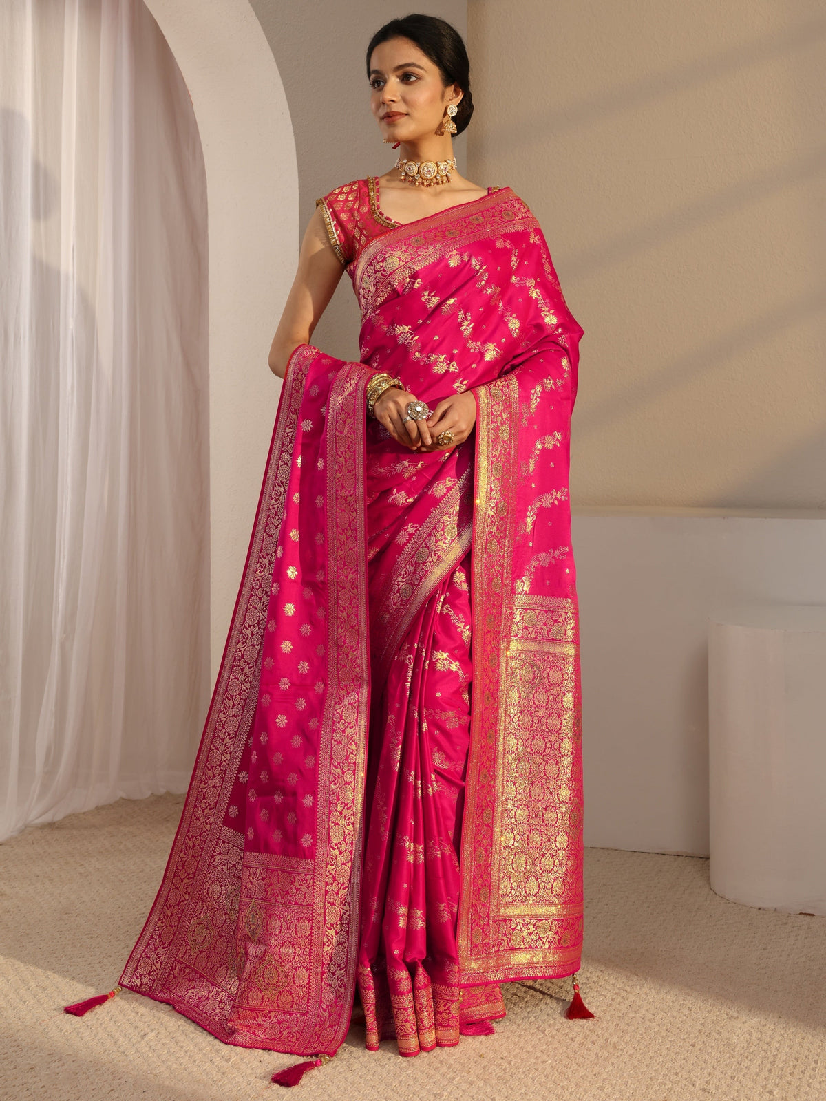 Anouk Pink Banarasi Satin Saree With Unstiched Blouse Piece And Dupatta