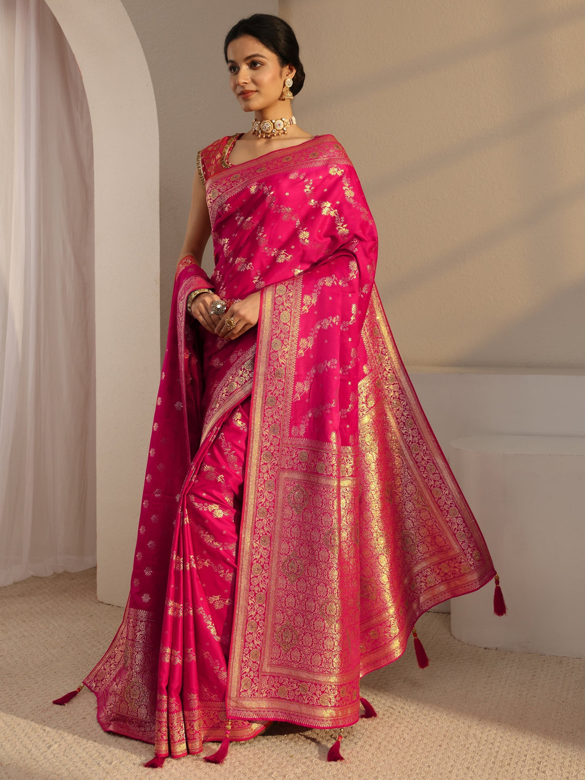 Anouk Pink Banarasi Satin Saree With Unstiched Blouse Piece And Dupatta