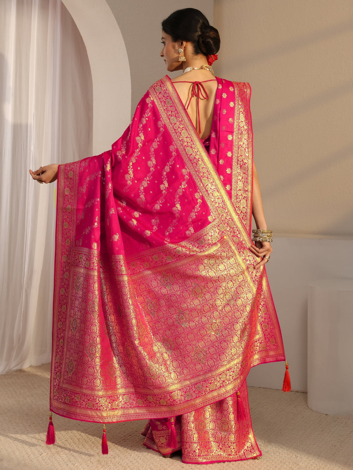 Anouk Pink Banarasi Satin Saree With Unstiched Blouse Piece And Dupatta