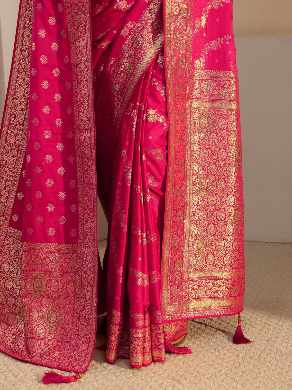 Anouk Pink Banarasi Satin Saree With Unstiched Blouse Piece And Dupatta