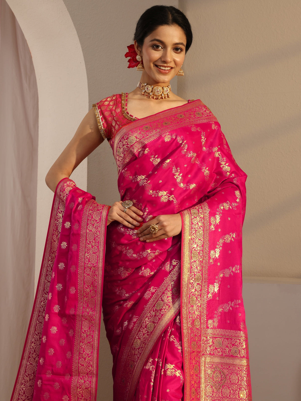 Anouk Pink Banarasi Satin Saree With Unstiched Blouse Piece And Dupatta