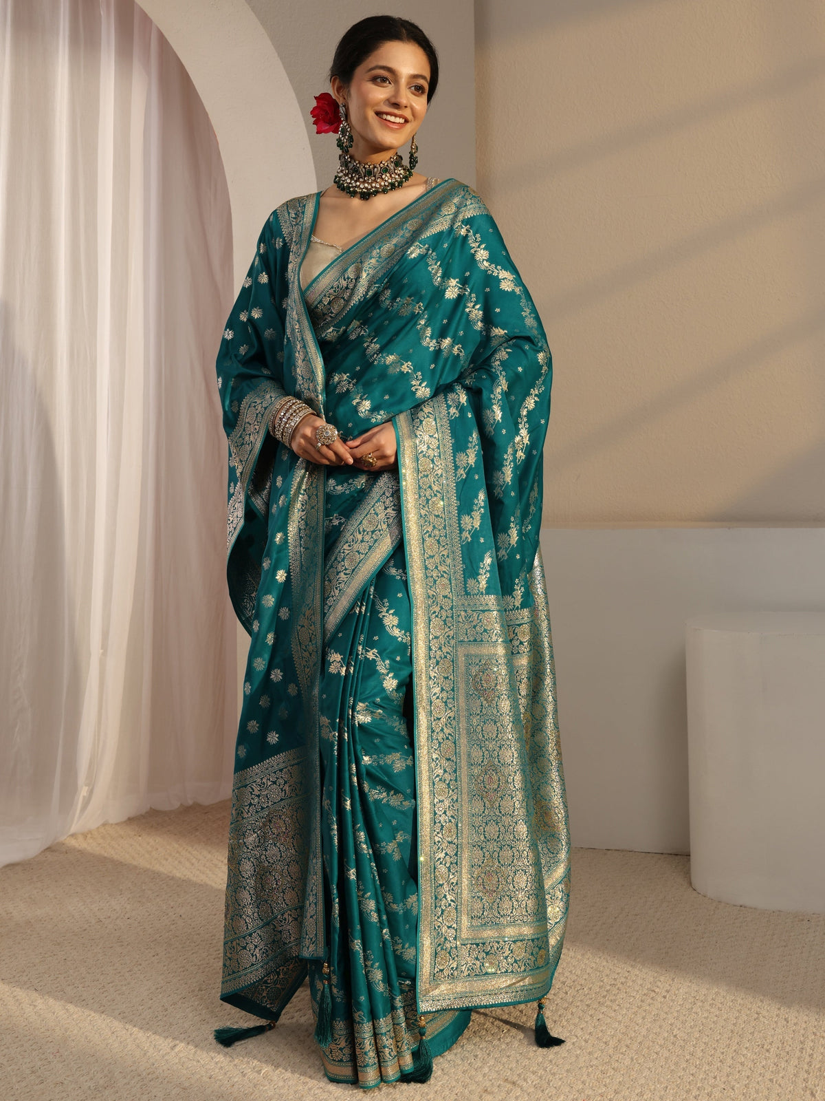 Anouk Green Banarasi Satin Saree With Unstiched Blouse Piece And Dupatta