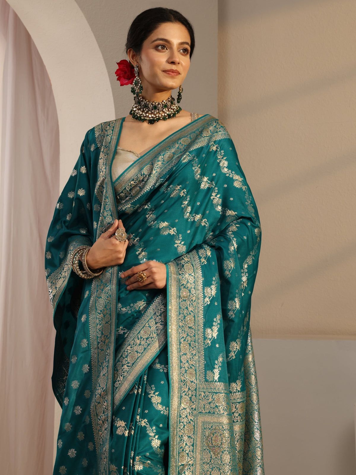 Anouk Green Banarasi Satin Saree With Unstiched Blouse Piece And Dupatta