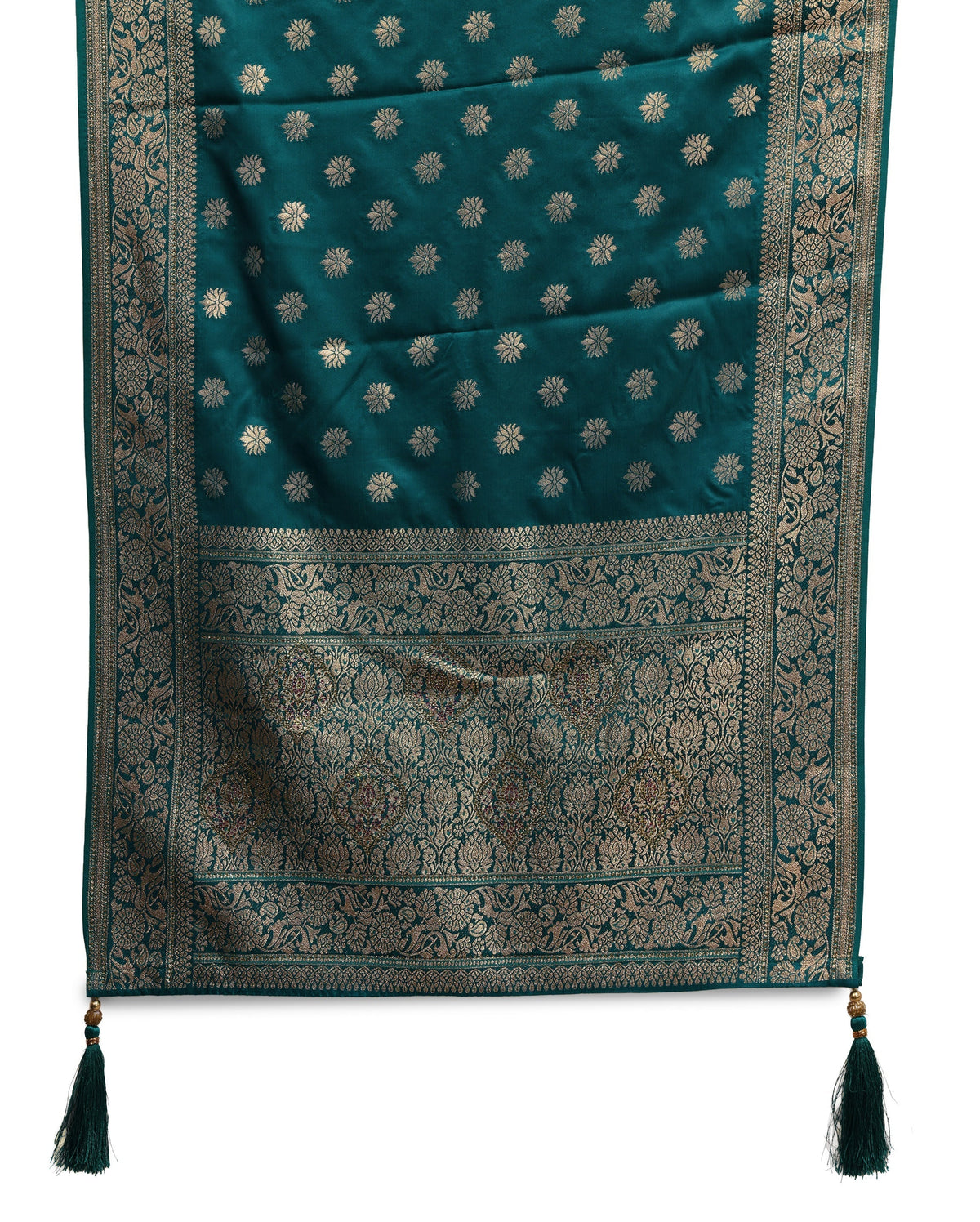 Anouk Green Banarasi Satin Saree With Unstiched Blouse Piece And Dupatta