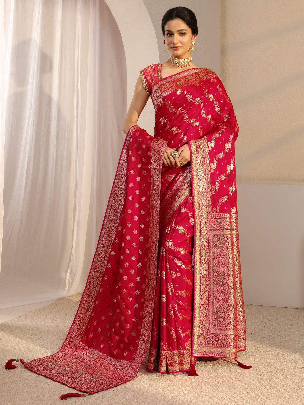 Anouk Red Banarasi Satin Saree With Unstiched Blouse Piece And Dupatta