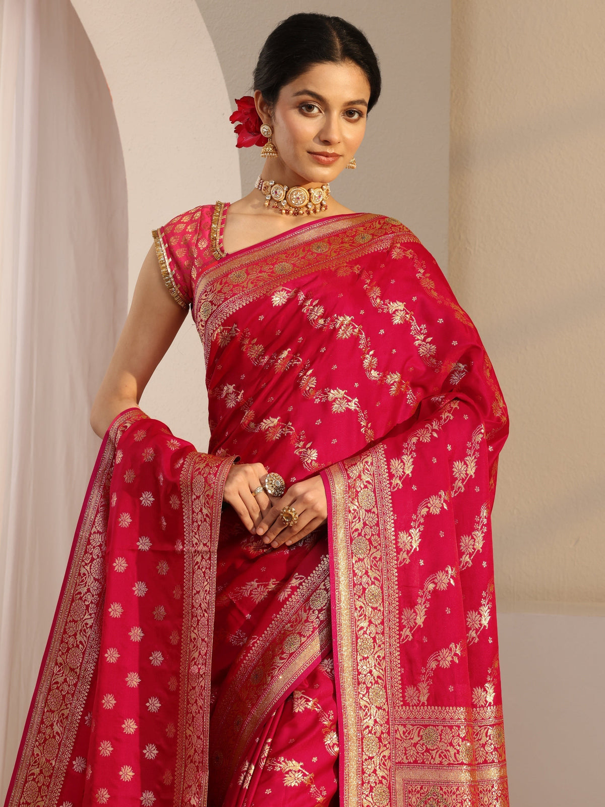 Anouk Red Banarasi Satin Saree With Unstiched Blouse Piece And Dupatta