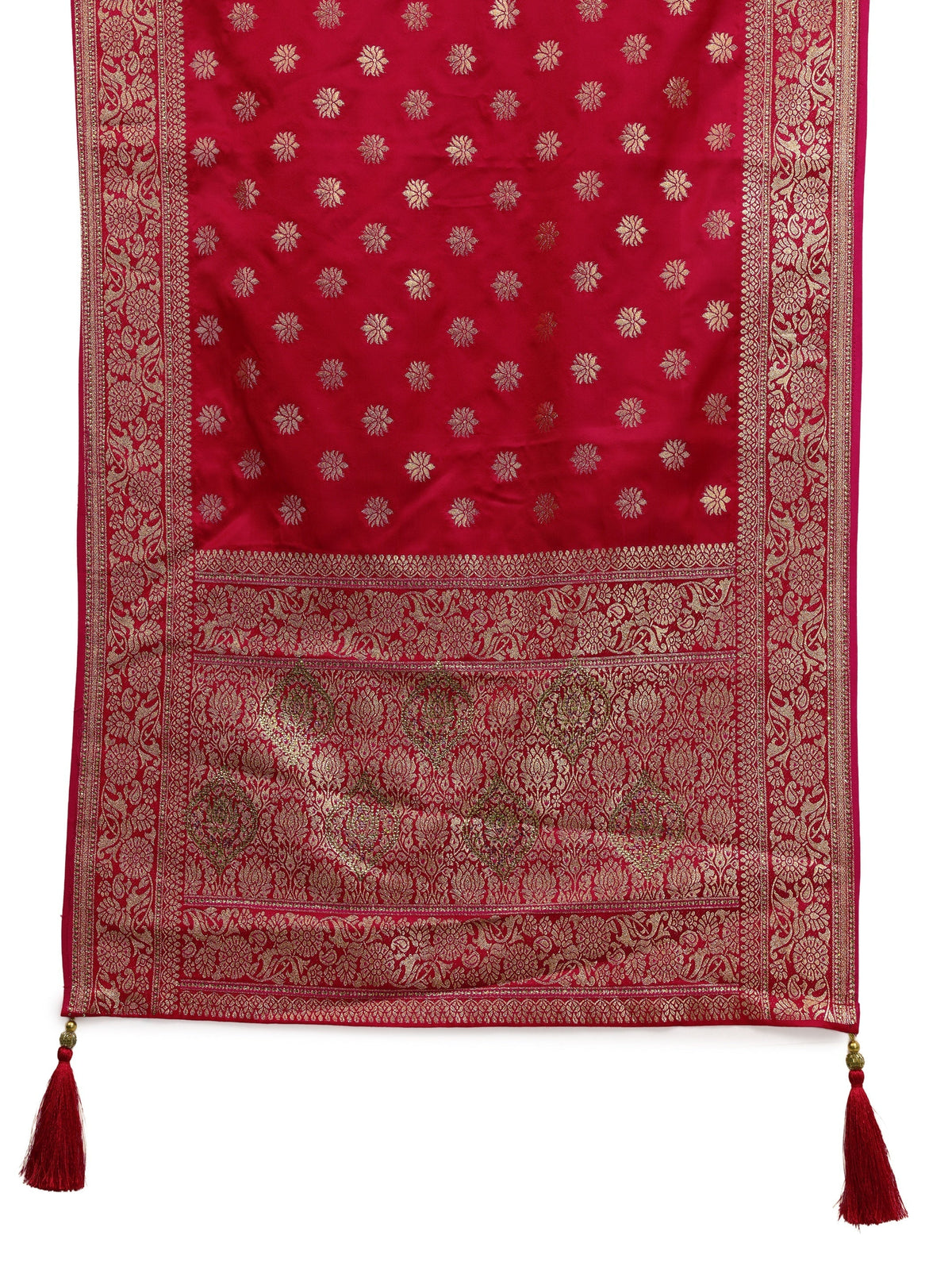 Anouk Red Banarasi Satin Saree With Unstiched Blouse Piece And Dupatta