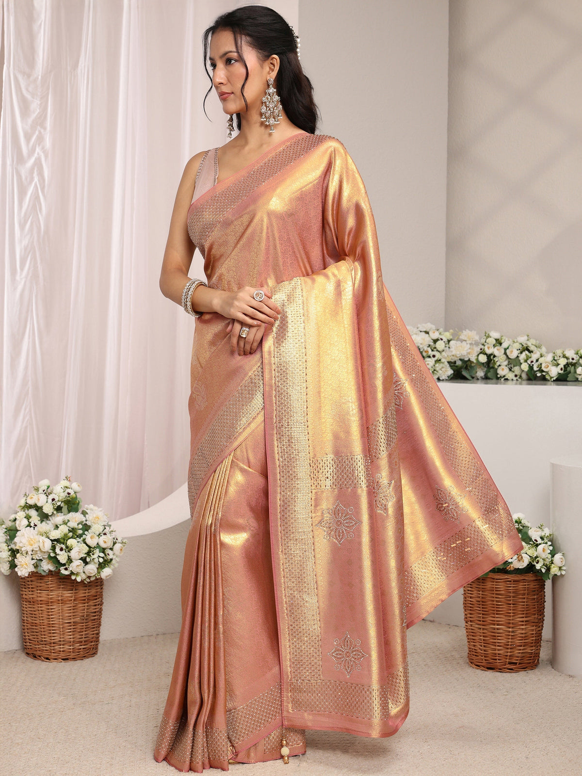Anouk Peach Ethnic Woven Design Silk Blend Saree With Unstitched Blouse Piece