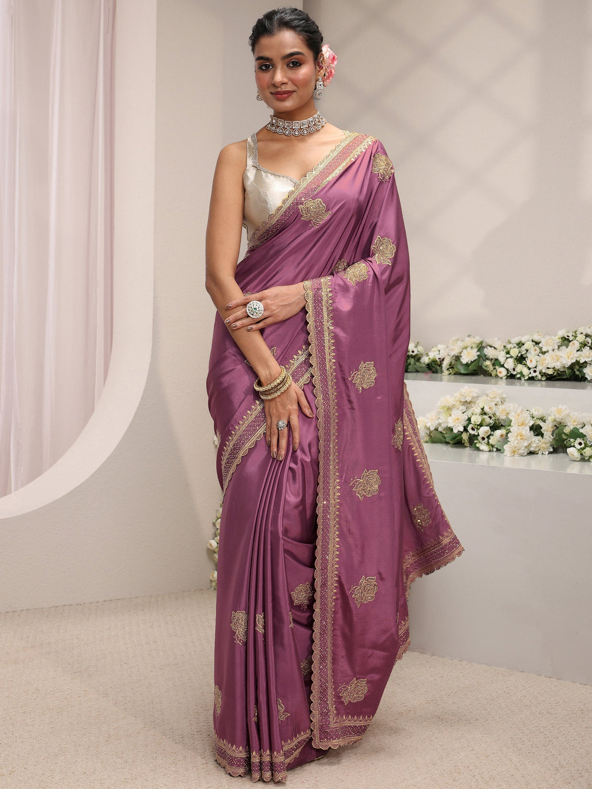 Anouk Purple Floral Embroidered Satin Saree With Unstitched Blouse Piece