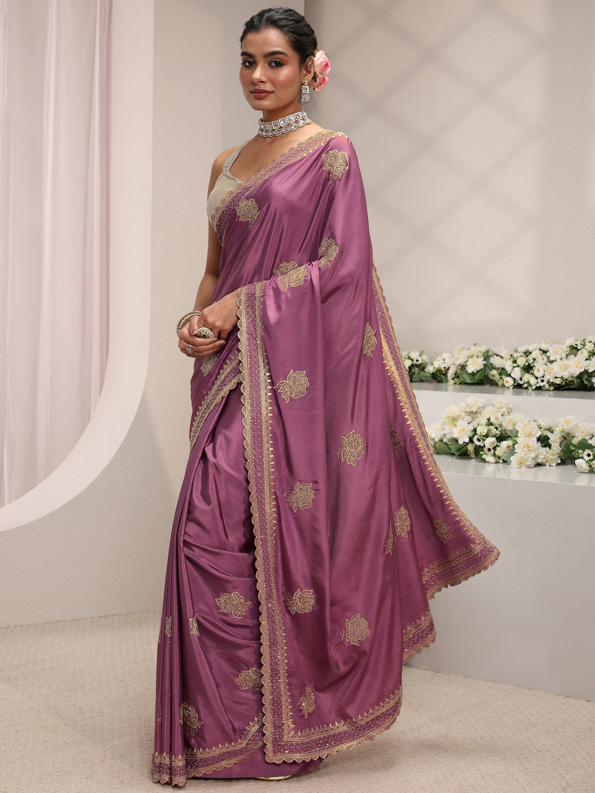 Anouk Purple Floral Embroidered Satin Saree With Unstitched Blouse Piece