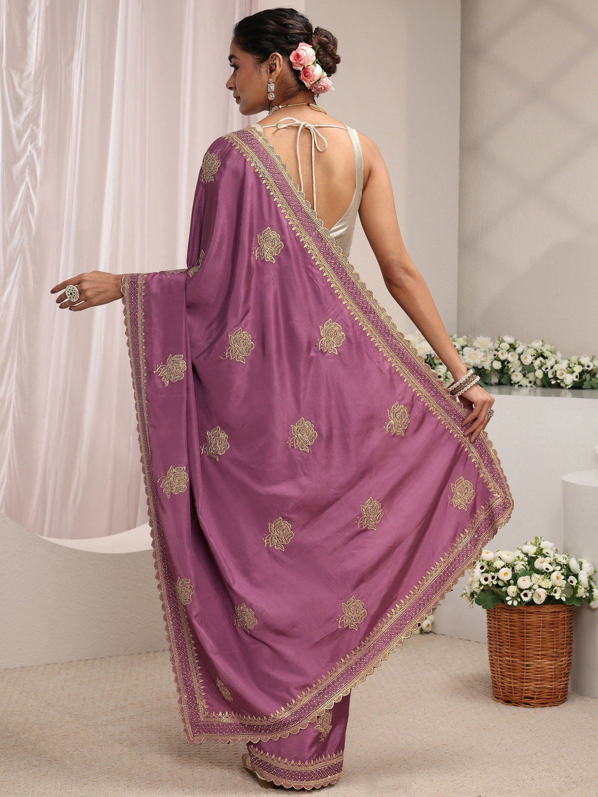 Anouk Purple Floral Embroidered Satin Saree With Unstitched Blouse Piece