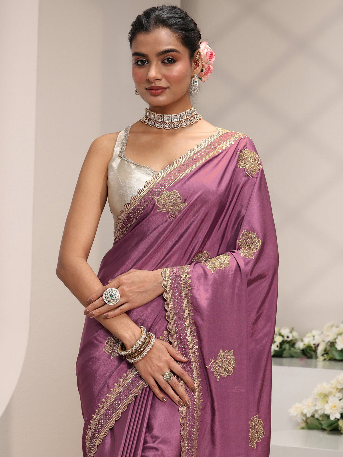 Anouk Purple Floral Embroidered Satin Saree With Unstitched Blouse Piece