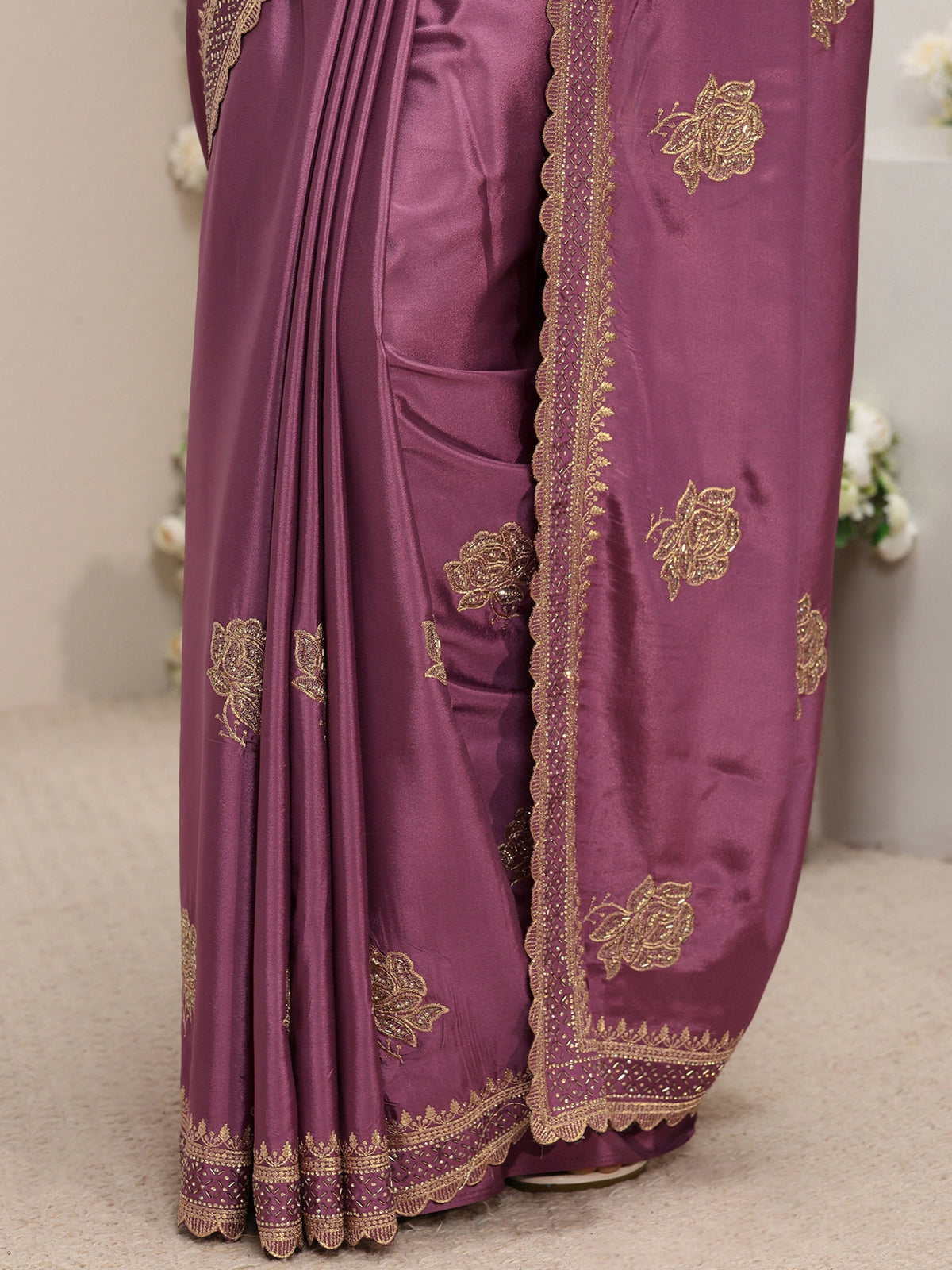 Anouk Purple Floral Embroidered Satin Saree With Unstitched Blouse Piece