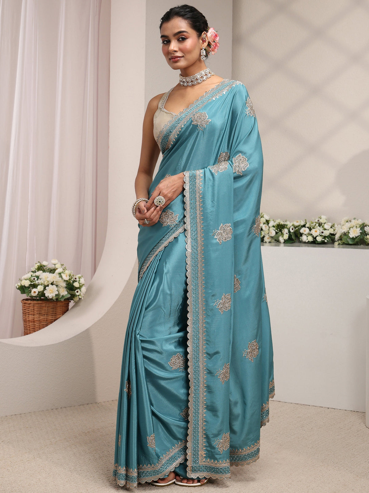 Anouk Blue Floral Embroidered Satin Saree With Unstitched Blouse Piece