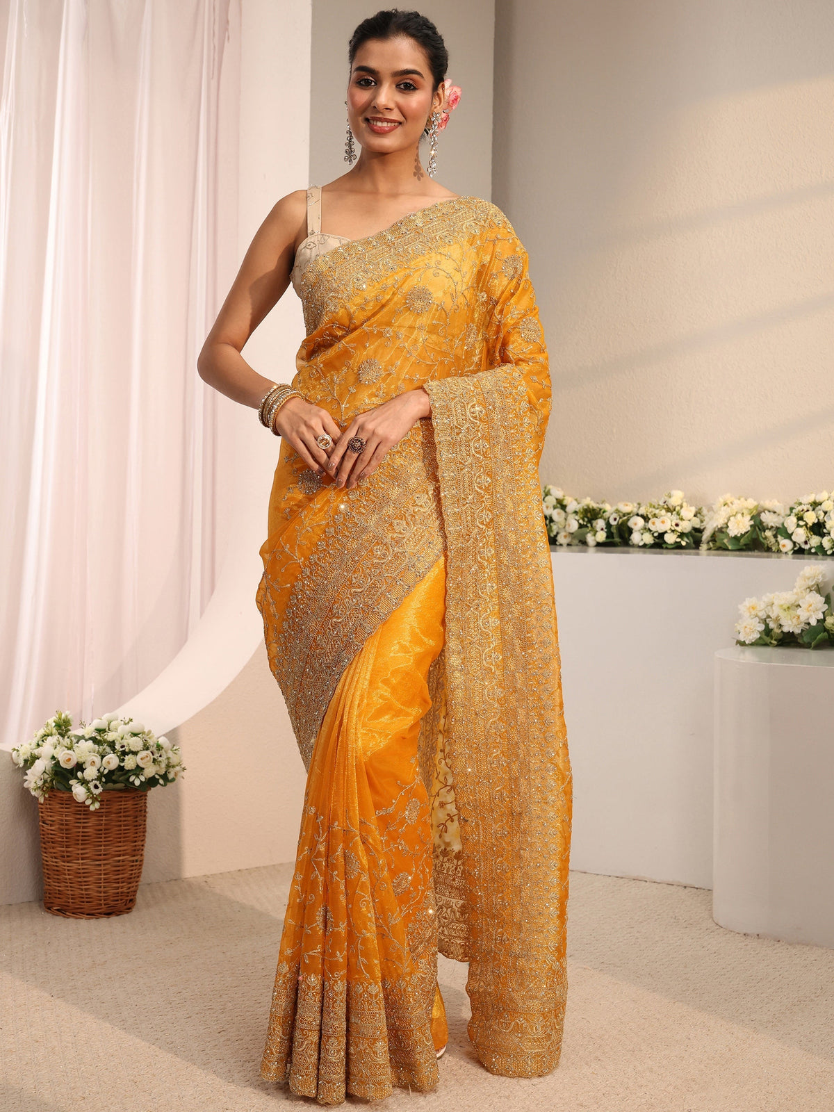 Anouk Mustard Floral Embellished Net Saree With Unstitched Blouse Piece