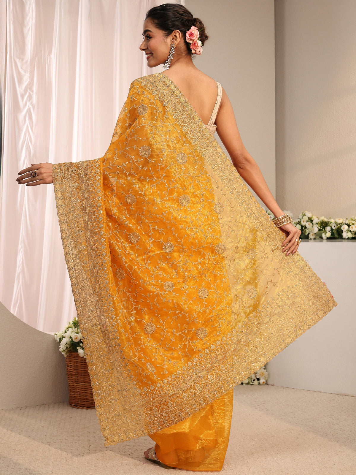 Anouk Mustard Floral Embellished Net Saree With Unstitched Blouse Piece