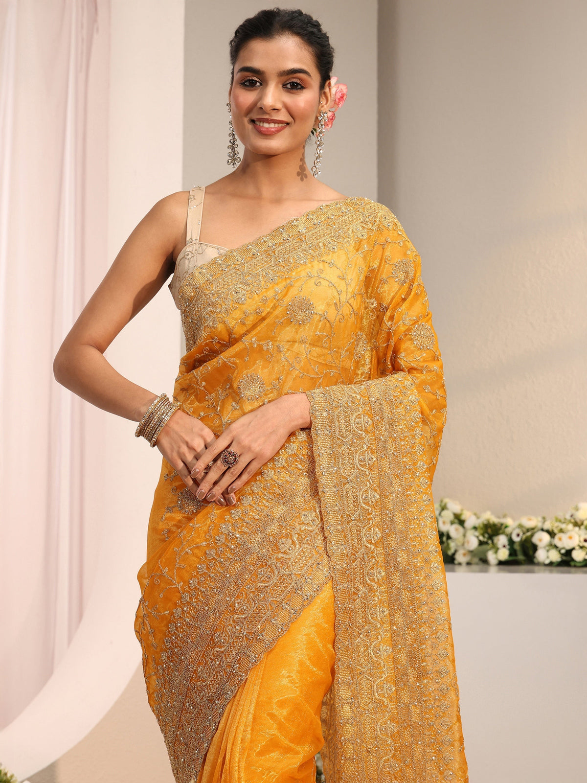 Anouk Mustard Floral Embellished Net Saree With Unstitched Blouse Piece