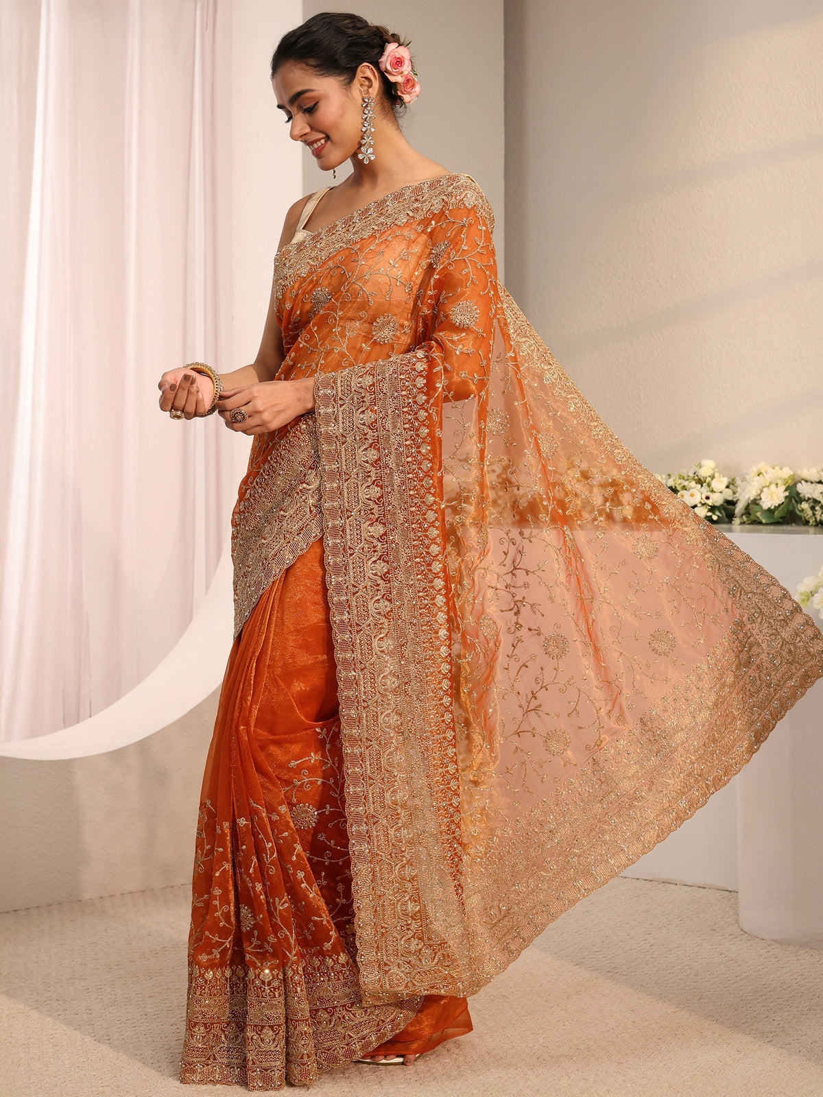 Anouk Orange Floral Embellished Net Saree With Unstitched Blouse Piece