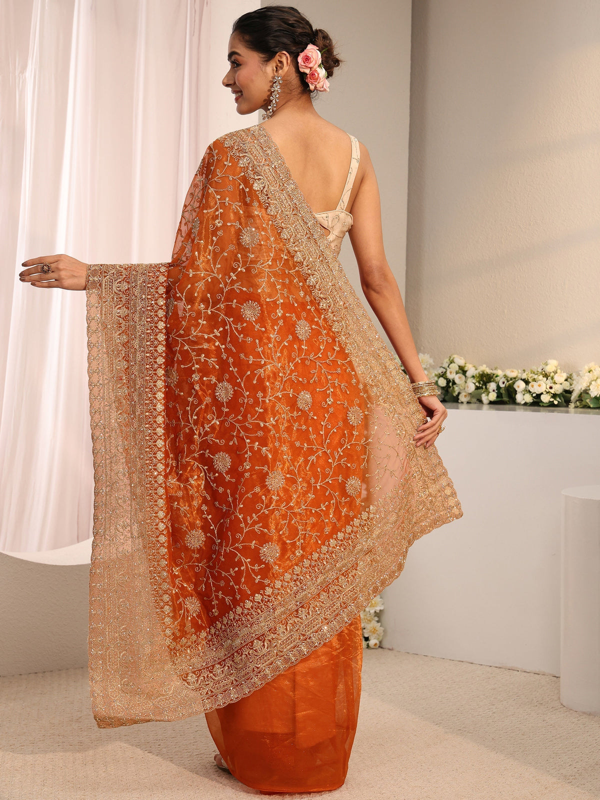 Anouk Orange Floral Embellished Net Saree With Unstitched Blouse Piece