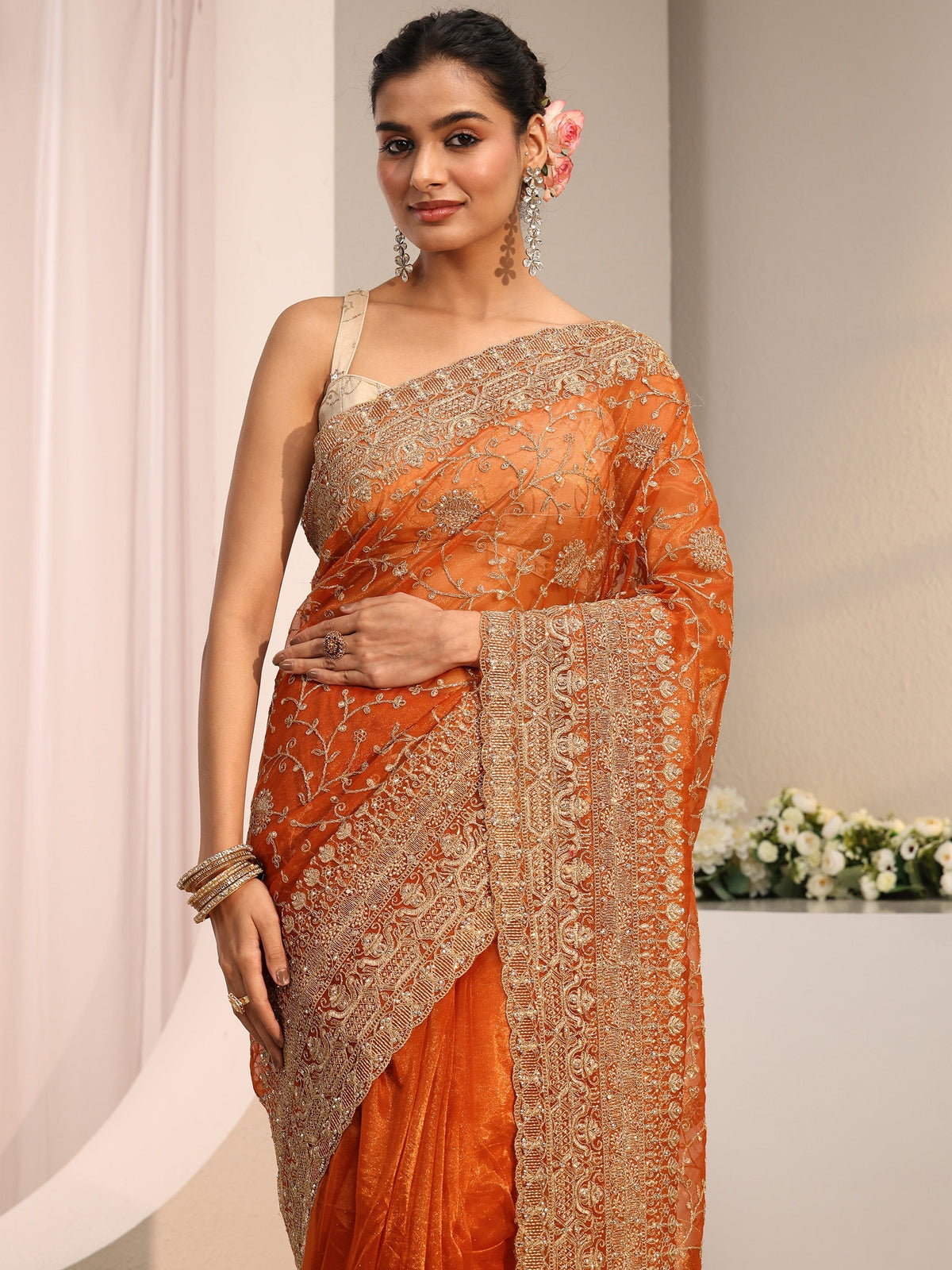 Anouk Orange Floral Embellished Net Saree With Unstitched Blouse Piece