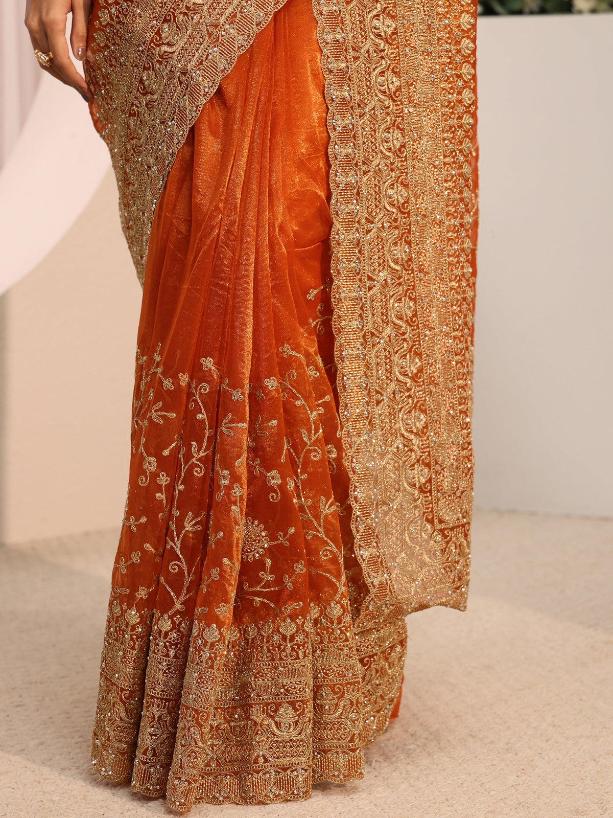 Anouk Orange Floral Embellished Net Saree With Unstitched Blouse Piece