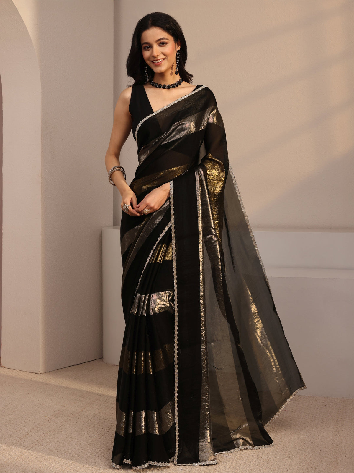 Anouk Black Embellished Tissue Saree With Unstiched Blouse Piece