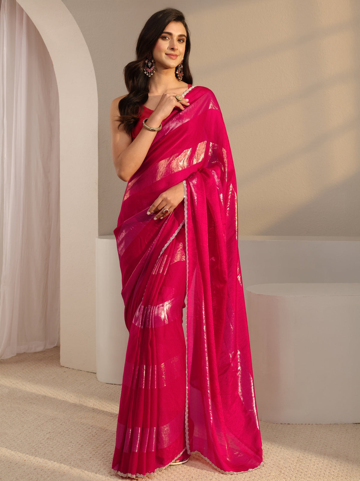 Anouk Pink Striped Embellished Tissue Saree With Unstitched Blouse Piece