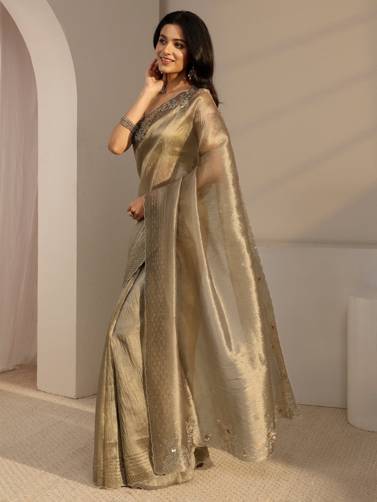 Anouk Golden Embellished Tissue Saree With Unstiched Blouse Piece