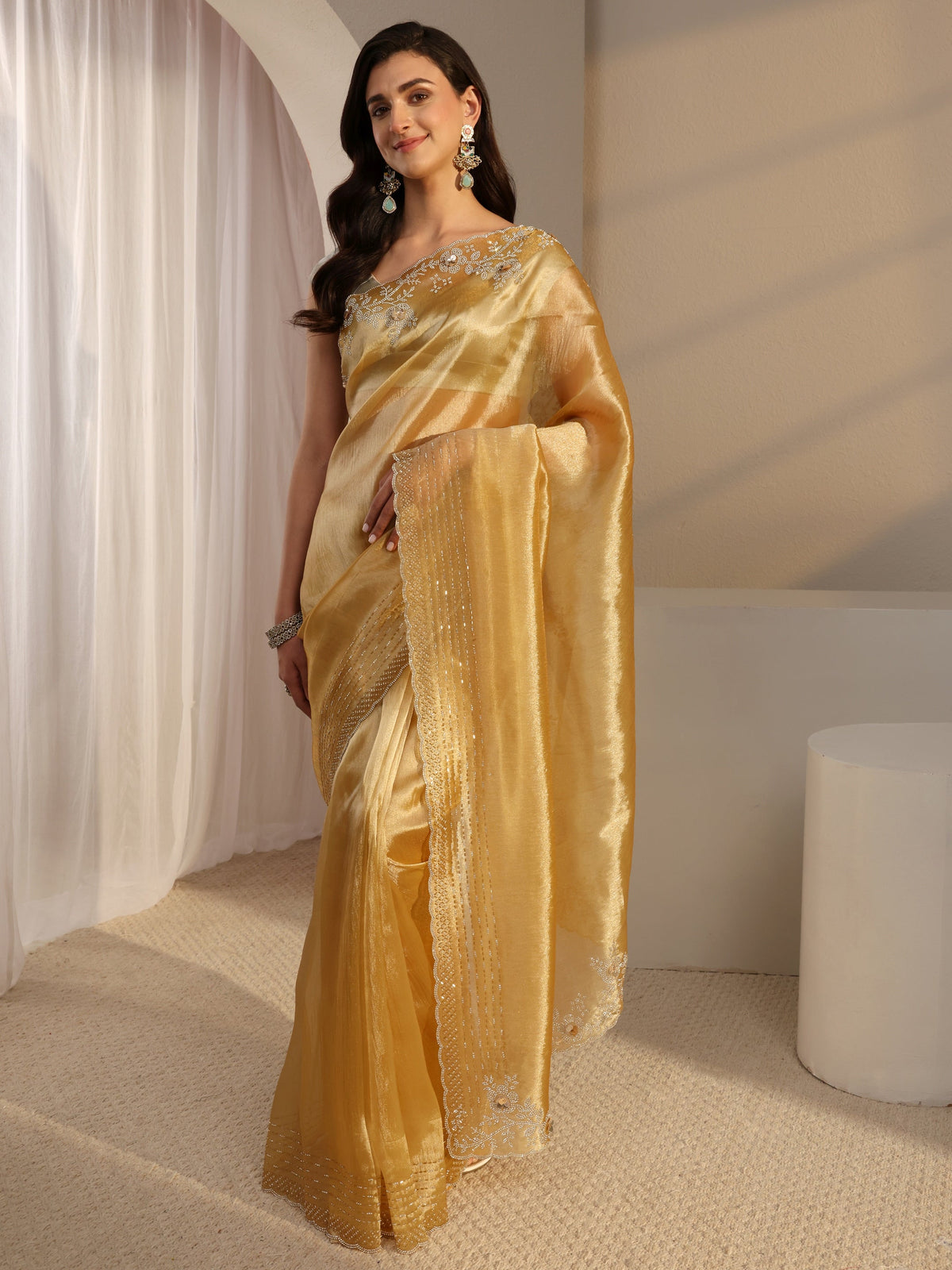 Anouk Mustard Embellished Tissue Saree With Unstitched Blouse Piece