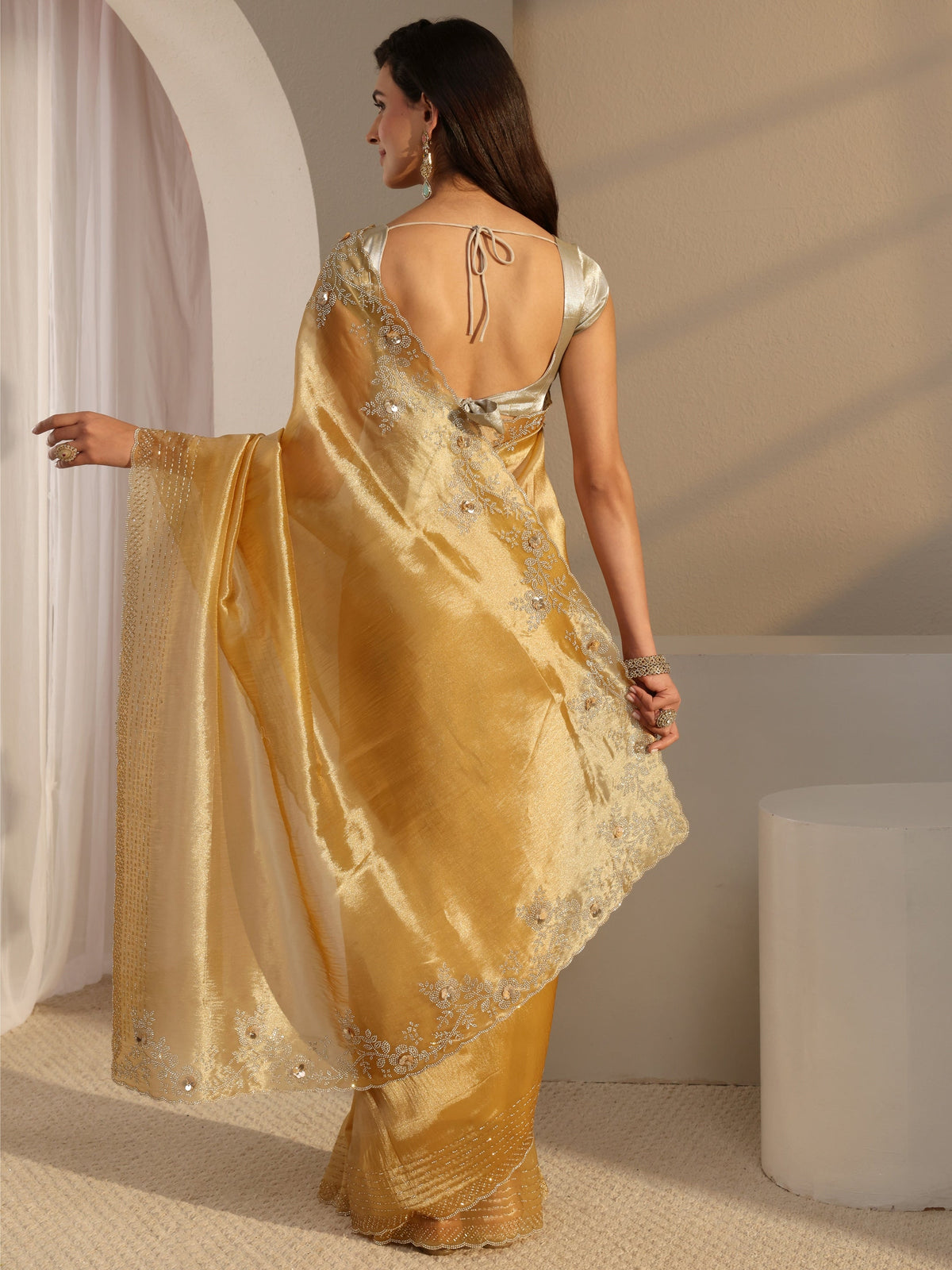 Anouk Mustard Embellished Tissue Saree With Unstitched Blouse Piece