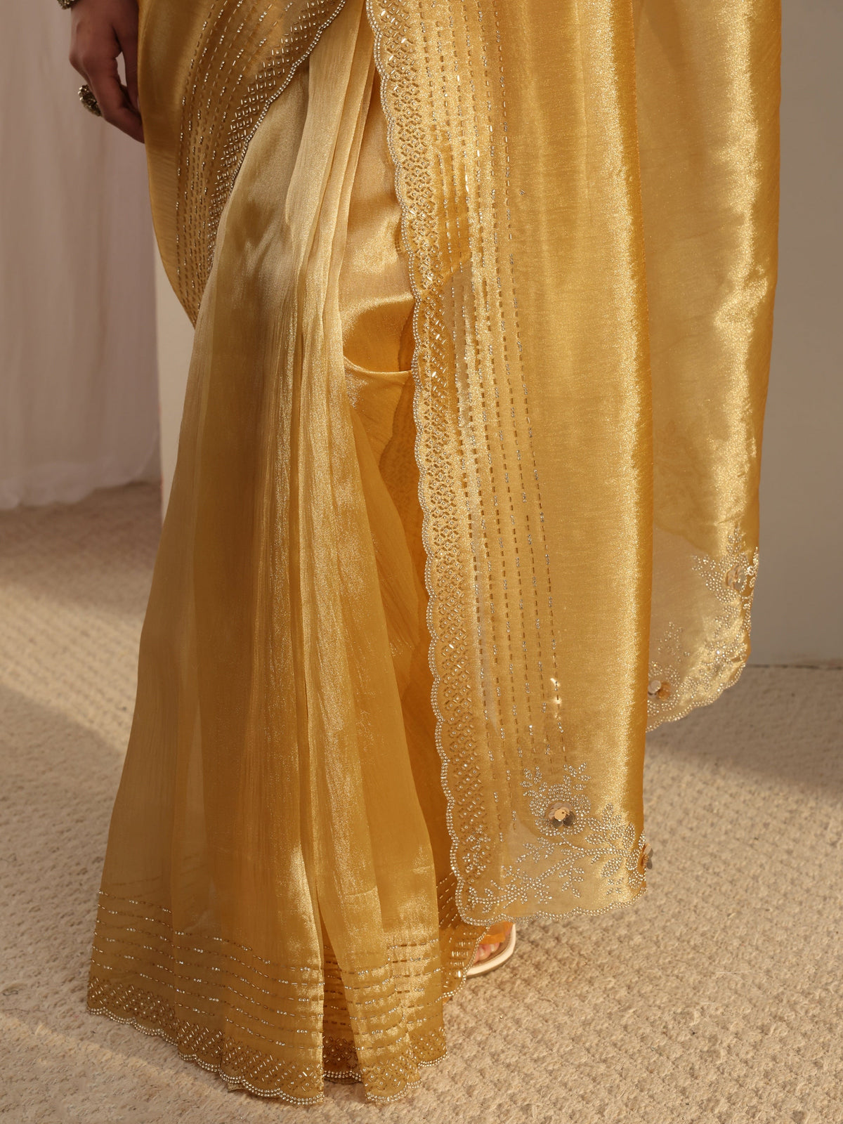 Anouk Mustard Embellished Tissue Saree With Unstitched Blouse Piece