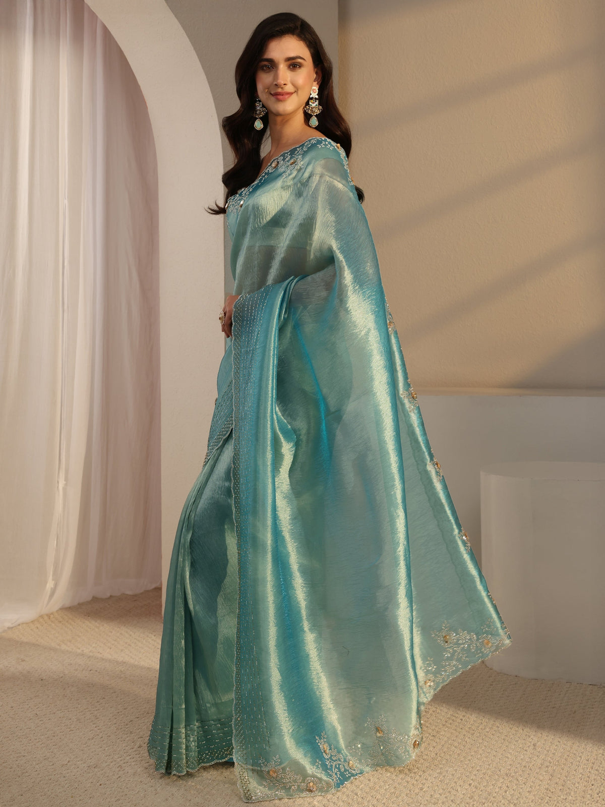 Anouk Blue Embellished Tissue Saree With Unstitched Blouse Piece